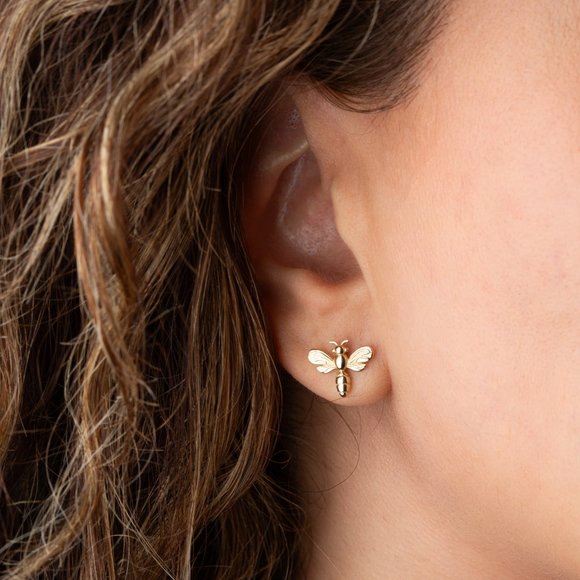 14K Solid Yellow Gold Small Dragonfly Stud Earrings